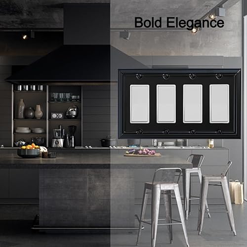 Miniatura 4 de OKAWYC Adler - Cubierta de pared de metal para interruptor de luz cuádruple, paquete de 2 unidades, color negro, 4 bandas, para interruptor de