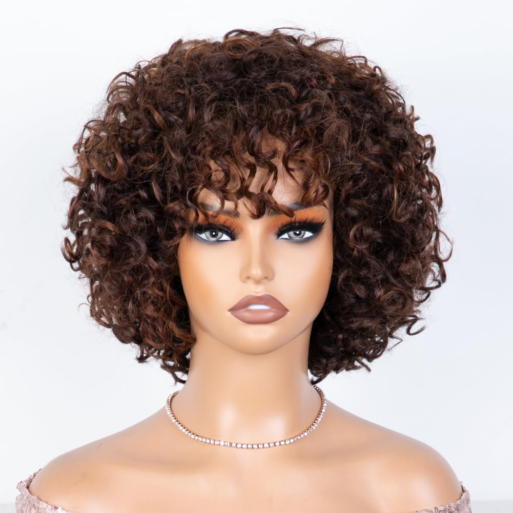 Brown Curly Wig with Bangs Human Hair for Black Women Short Curly Bangs Wigs Curly Bob Glueless Wig 150% Density (Color: DX4/33/30)