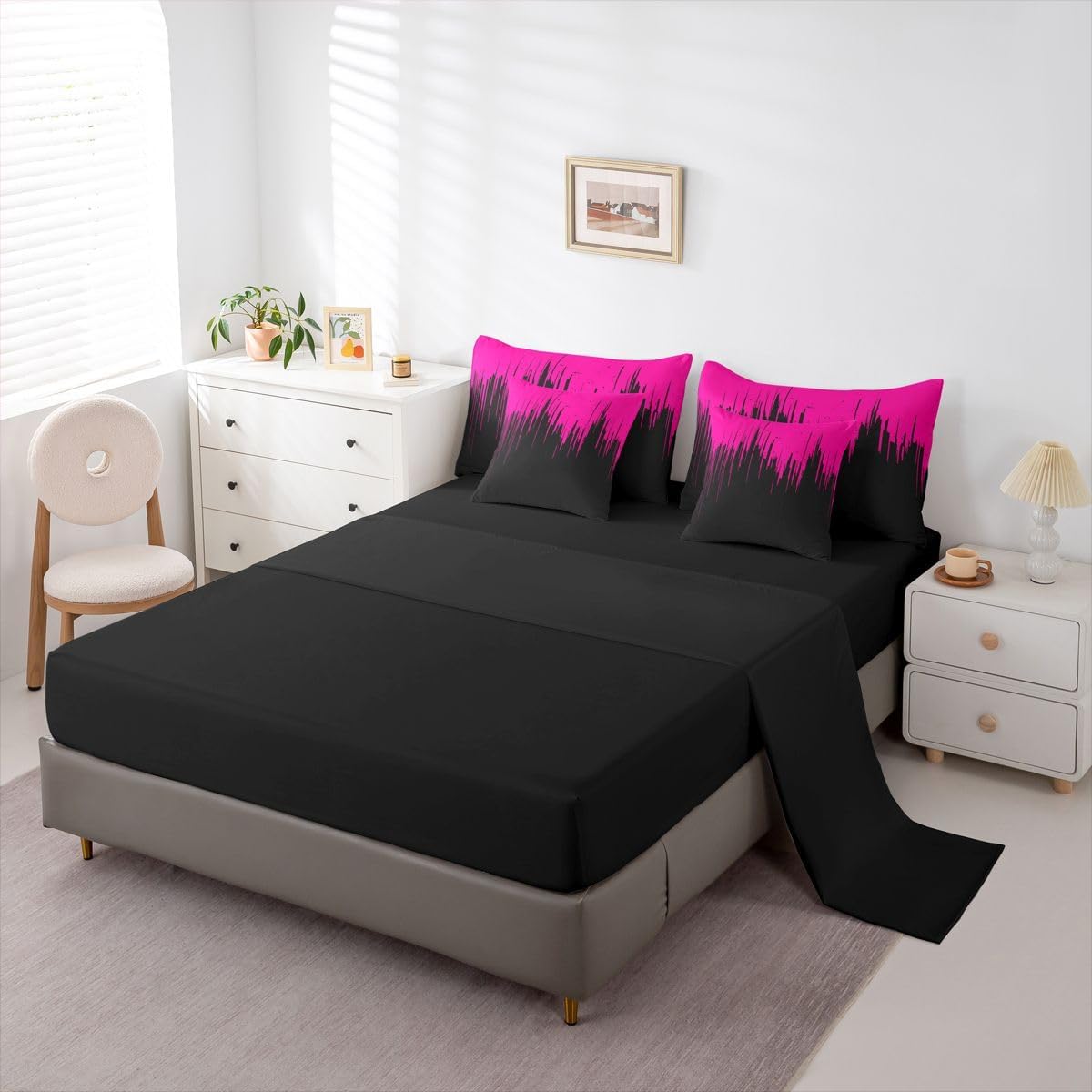 Feelyou 7 Piece Hot Pink Black Comforter Sets Abstract Bed in A Bag for Boys Teen Kids,Modern Art Geometric Queen Size Bedding Sets Luxury Comforter Microfiber Bed Set for All Season Home Decor