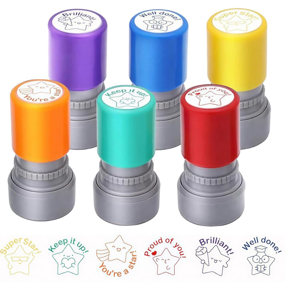 SKIKHN 6Pcs Teacher Stamps,Adorable Star Shaped Teachers Self-Inking Rubber Stamps,Teacher Stamps for Marking,Student Grading,Encouragement,Classroom Motivation,Fun Teacher Accessories Education Gifts