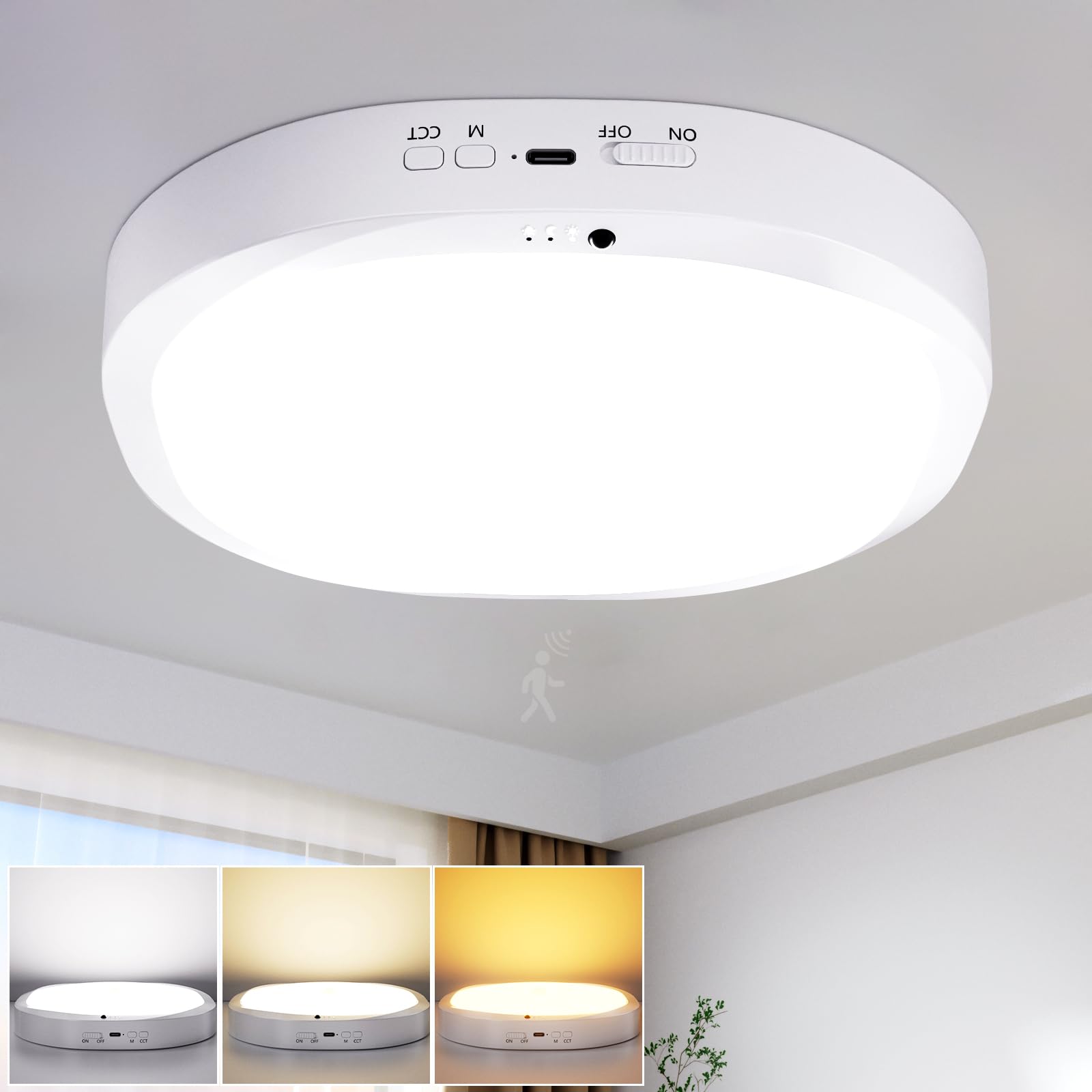 LED Deckenleuchte mit 10000mAh Akku Wiederaufladbar, 19cm Deckenlampe Dimmbar mit Bewegungsmelder, 3 Farbtemperaturen, Fernbedienung mit Timer, Lampe Decke für Flur,Keller,Treppenhaus,Badezimmer