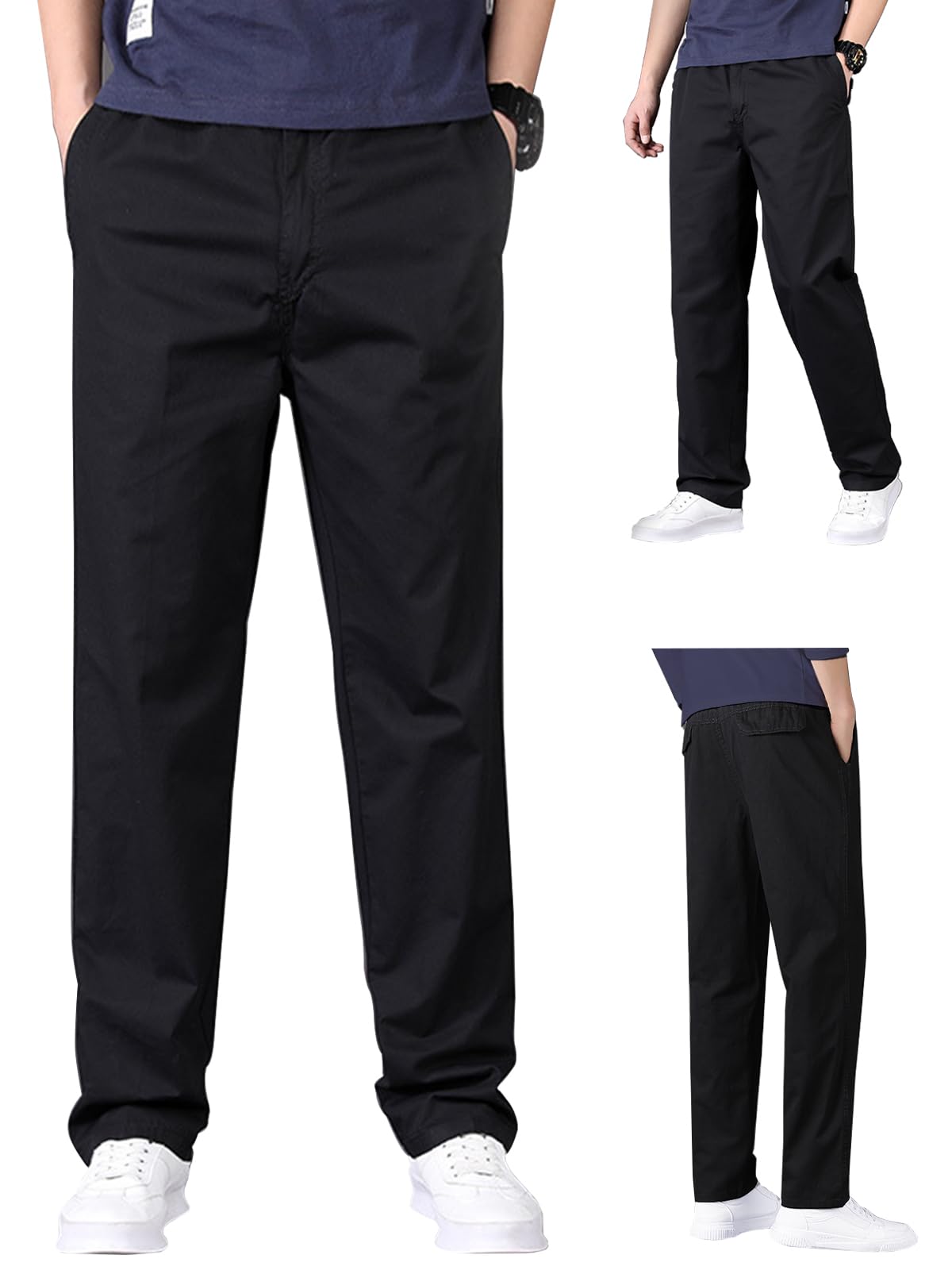Aotoyou Homme Pantalon Chino Décontracté Taille Elastique 100% Coton Pantalon de Travaille Baggy Léger Coupe Droite Cordon de Serrage avec Poches Jogging Homme