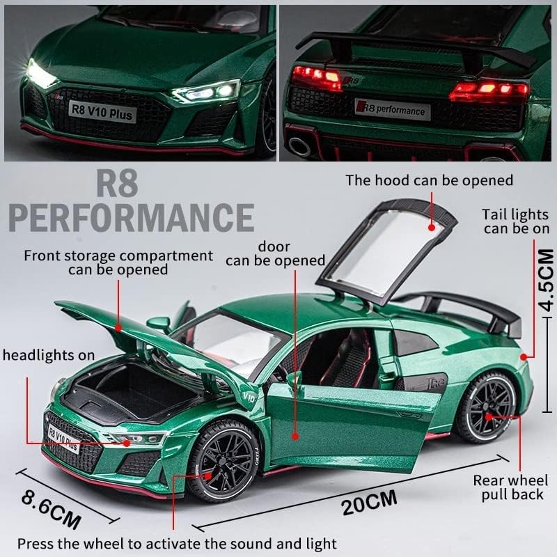 Image of Scale Exclusive Alloy Metal Pull Back | Die-cast Car Model with Sound Light Mini Auto Toy for Kids Metal Model Toy Car with Sound and Light (1.24 Scale -DC AODI R8 V10-GREEN)