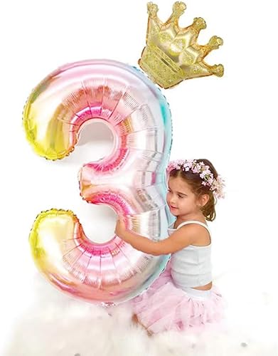 Miniatura 4 de Juego de globos de corona de número 3 con degradado arcoíris de 40 pulgadas, globos de tercer cumpleaños, decoraciones de fiesta de tercer