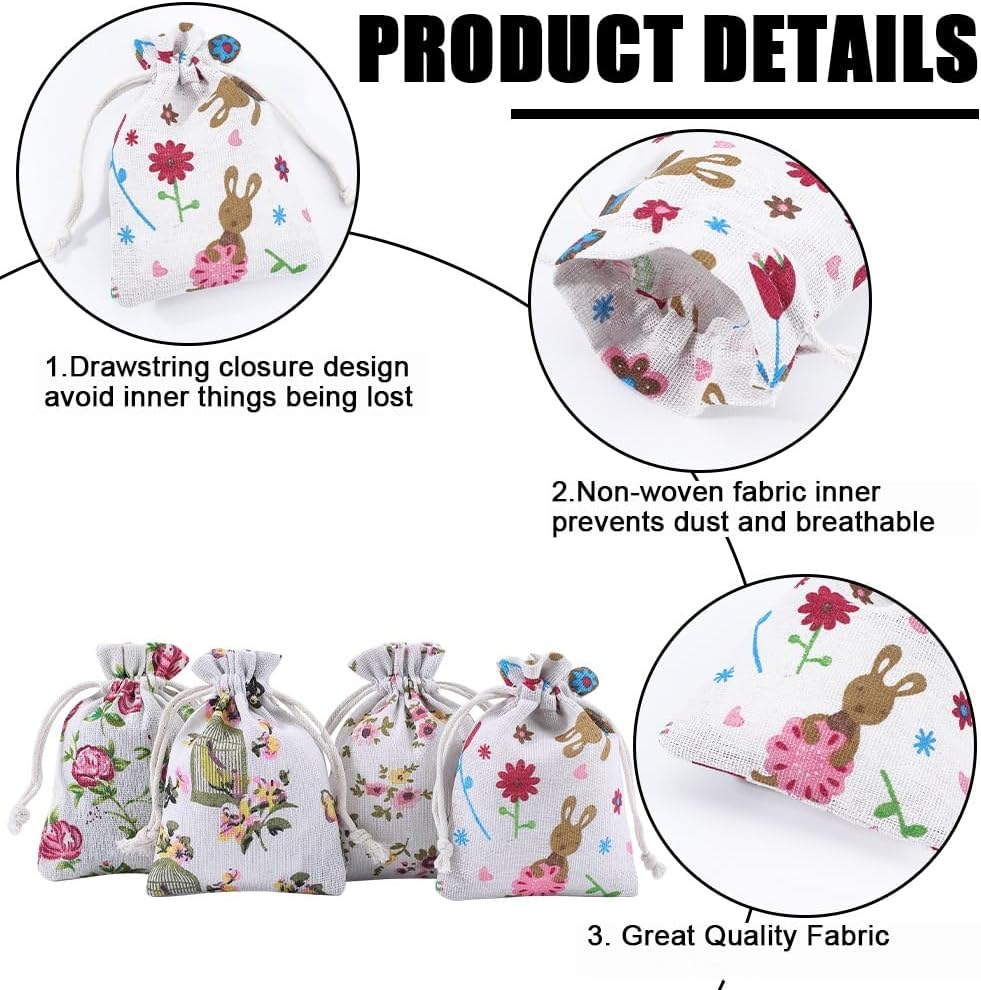 Beebeecraft 16Pcs 4 Styles Jewelry Burlap Bags 5.5" x 3.9" Polyester Drawstring Gift Bags with Printed Flower Rabbit Bird for Jewelry Wedding Favors Present and DIY Craft