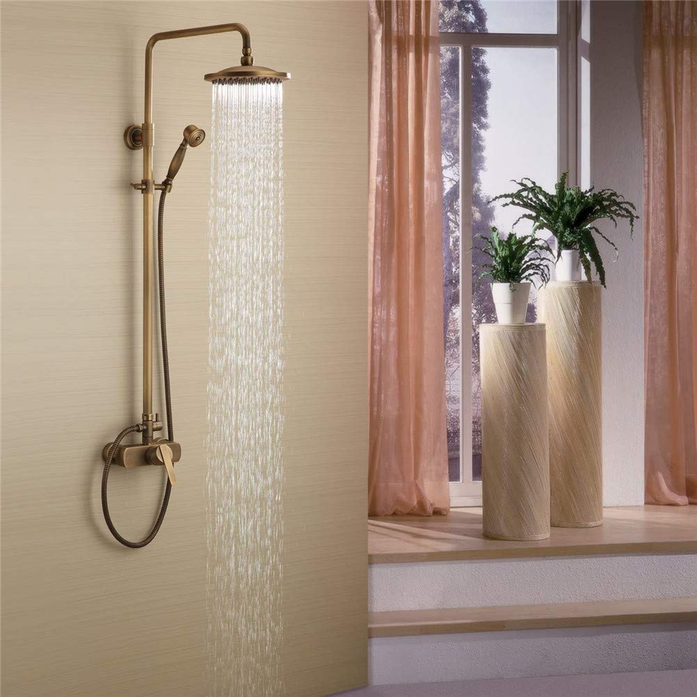 NGDFGR Antique Brass Bathroom Shower Tap, Vintage Rainfall Shower Faucet Ceramic Valve Two Handles Bath Shower Mixer Taps Hot And Cold, Rain Shower Mixer Set Antique Brass Finis,A