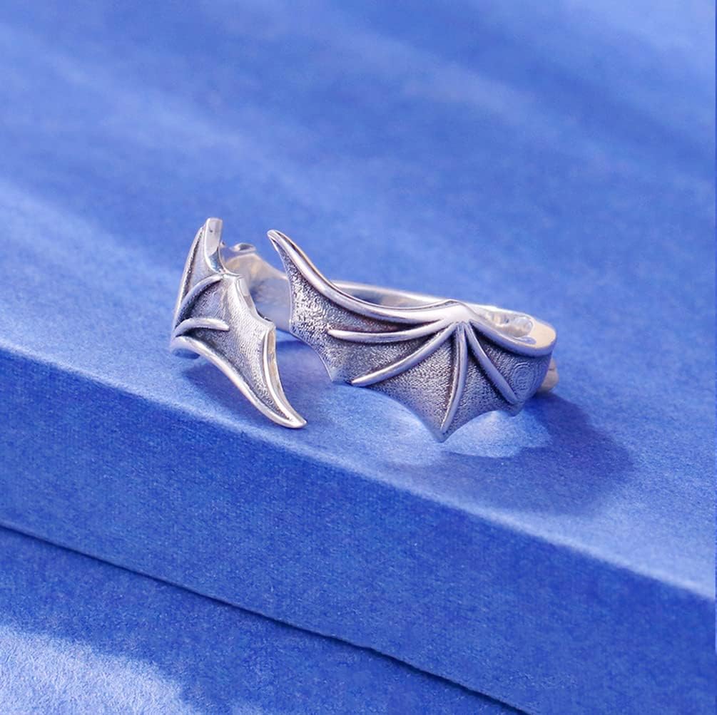 Gothic Demon Wing Rings For Women Men, Vintage Adjustable Demon Dragon Wing Ring, Hypoallergenic Statement Wings Shaped Hugging Protection Open Ring Jewelry Gifts for Women Men