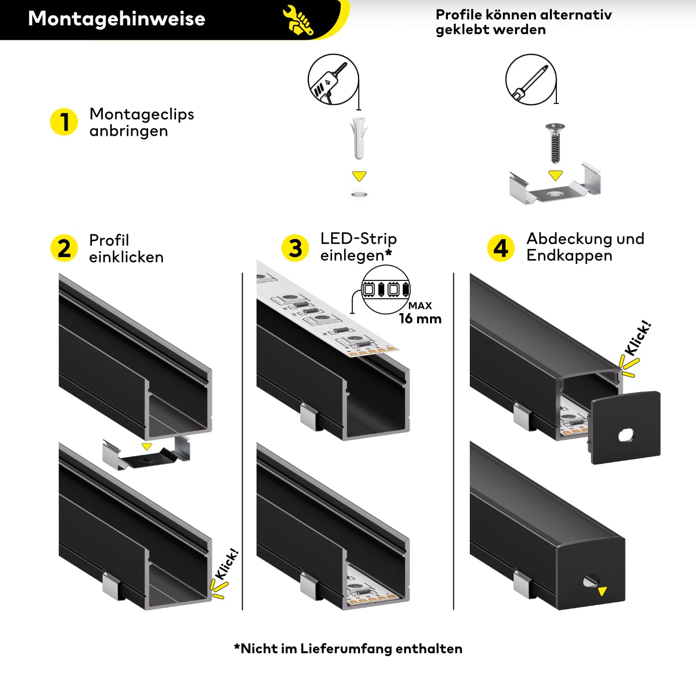 Profil LED de montage en surface noir - 2000 x 21 x 18,5 mm pour bandes LED larges jusqu'à 16 mm (par exemple pour Philips Hue) + couvercle noir + accessoires