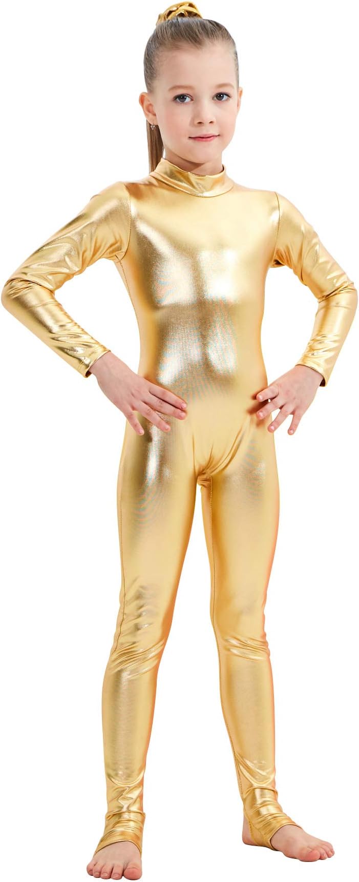 YgneeDom Girls Shiny Metallic Long Sleeve Unitard Spandex One Piece Wet Look Kid Bodysuit