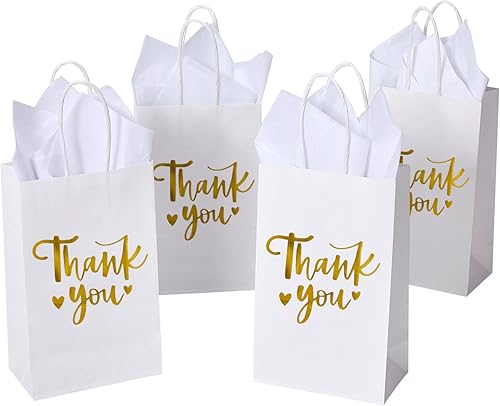 DjinnGlory Paquete de 50 bolsas pequeñas de regalo de agradecimiento de papel de aluminio blanco y dorado con asas y 50 papel de seda blanco para