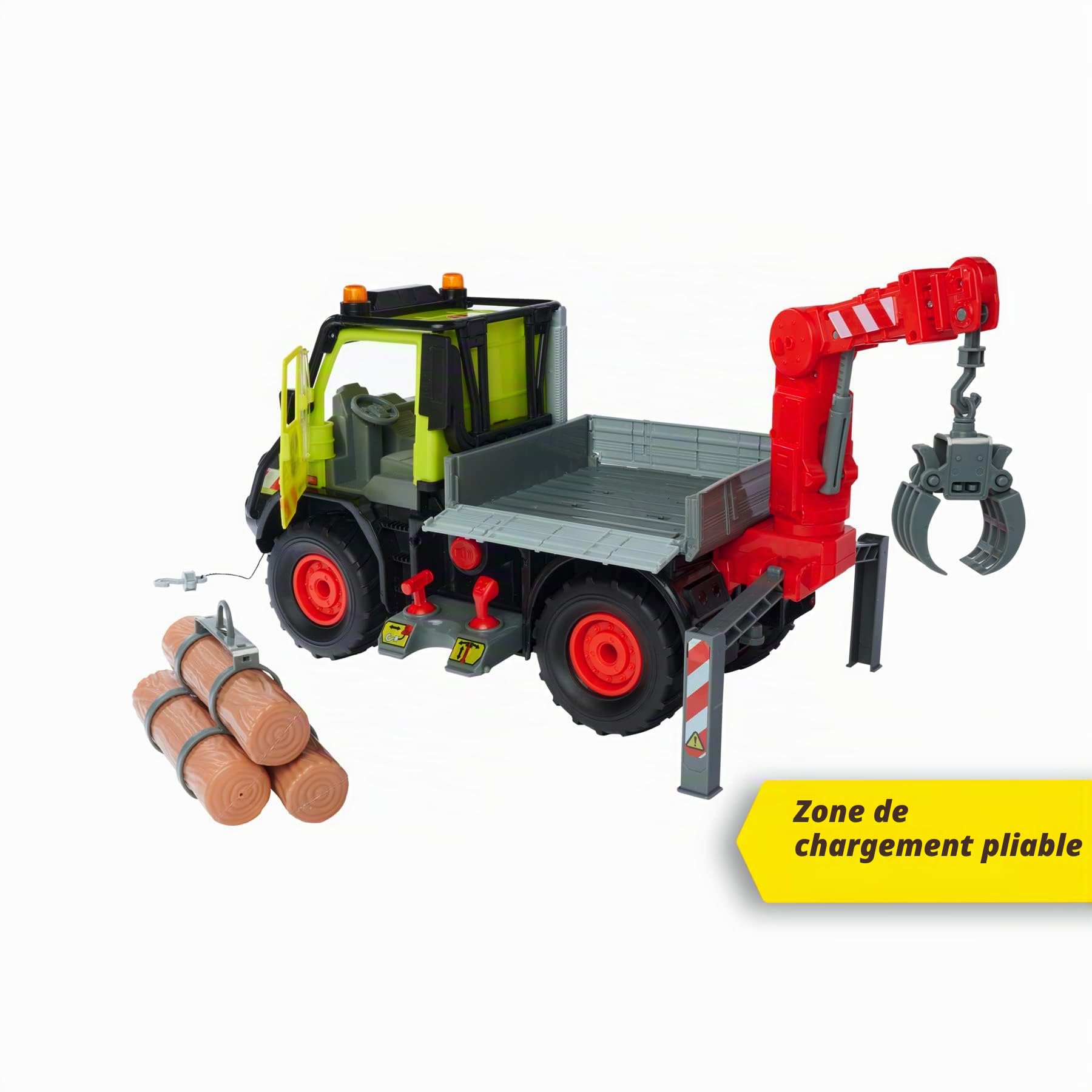 Dickie Toys - Unimog - Transporteur en Bois - avec treuil électrique et Bras de Grue avec Commande Joystick - avec Son et lumière - pour Enfants à partir de 3 Ans - Multicolore