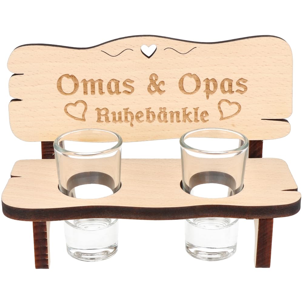 Spruchreif Schnapsbank „Omas und Opas Ruhebänkle“ – Holz Schnapsbank mit 2 Gläsern – Schnapsglashalter mit Herz-Ausschnitt – Geschenk für Großeltern