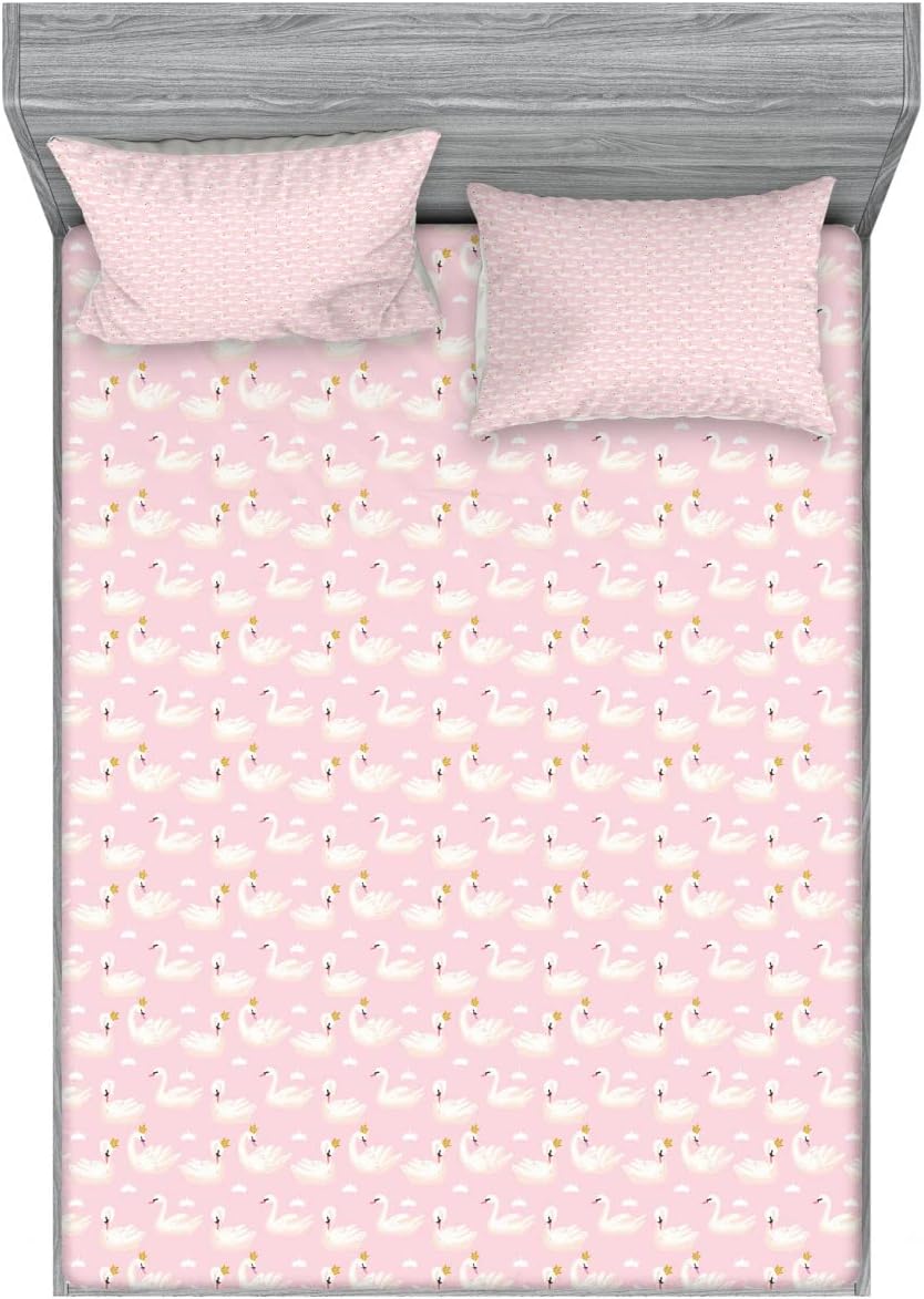 Ambesonne Swans Fitted Sheet & Pillow Sham Set, Repetitive Aquatic Royalty Bird with a Crown, Decorative Printed 6 Piece Bedding Decor Set, Full, Pale Pink Cream