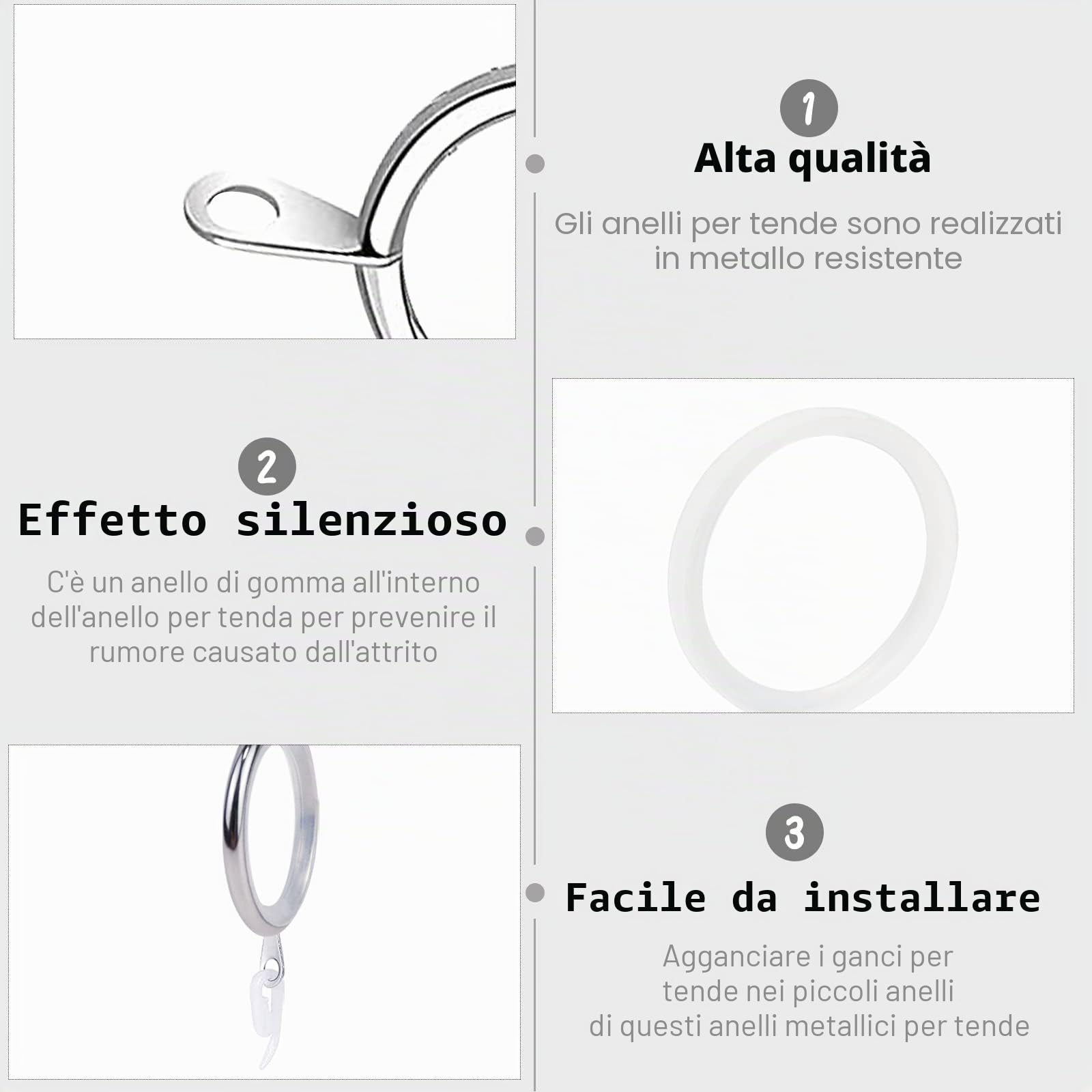 Set di 50 anelli per tenda mute in argento, con 50 anelli in gomma, diametro interno 27 mm, per tenda e aste