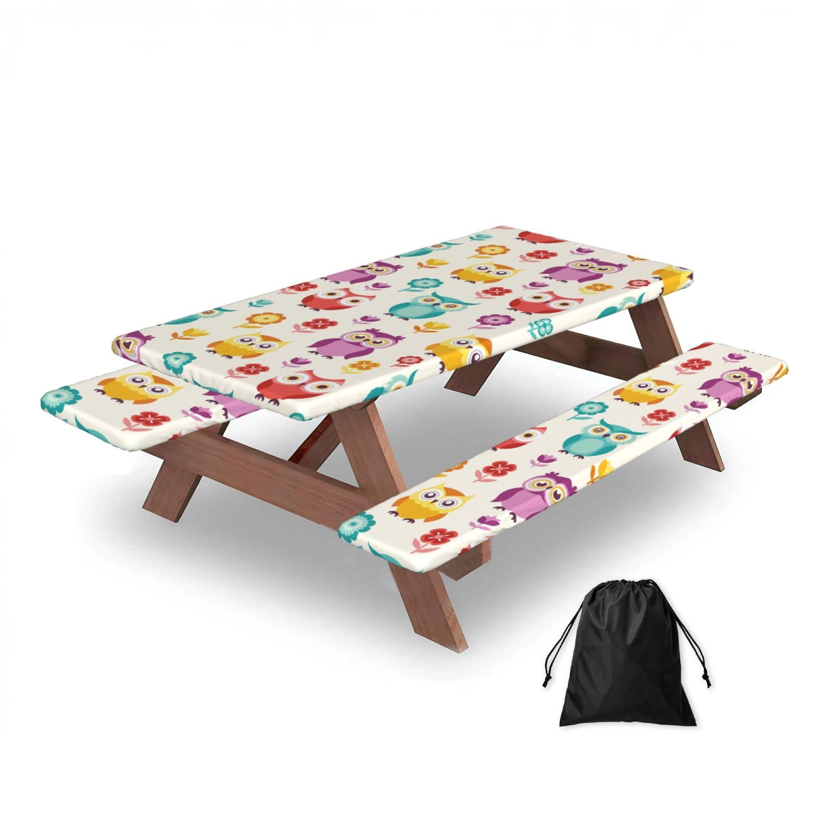 Owl Pattern, Picnic Table Cover With Bench Covers -Waterproof Elastic Fitted Tablecloth for Garden Camping Patio 76x152cm