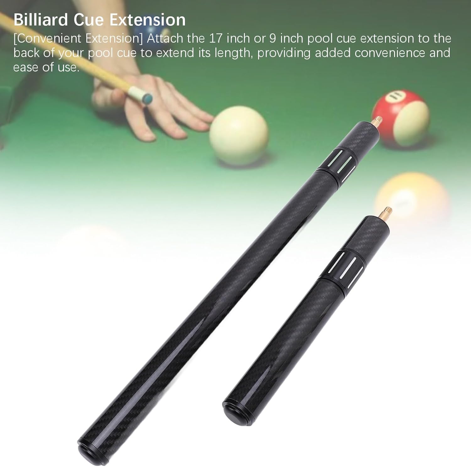 プールキュー延長棒 2本（17インチと9インチ）、カーボンファイバーとアルミ合金製のビリヤードキュー延長パーツで、コントロールとリー