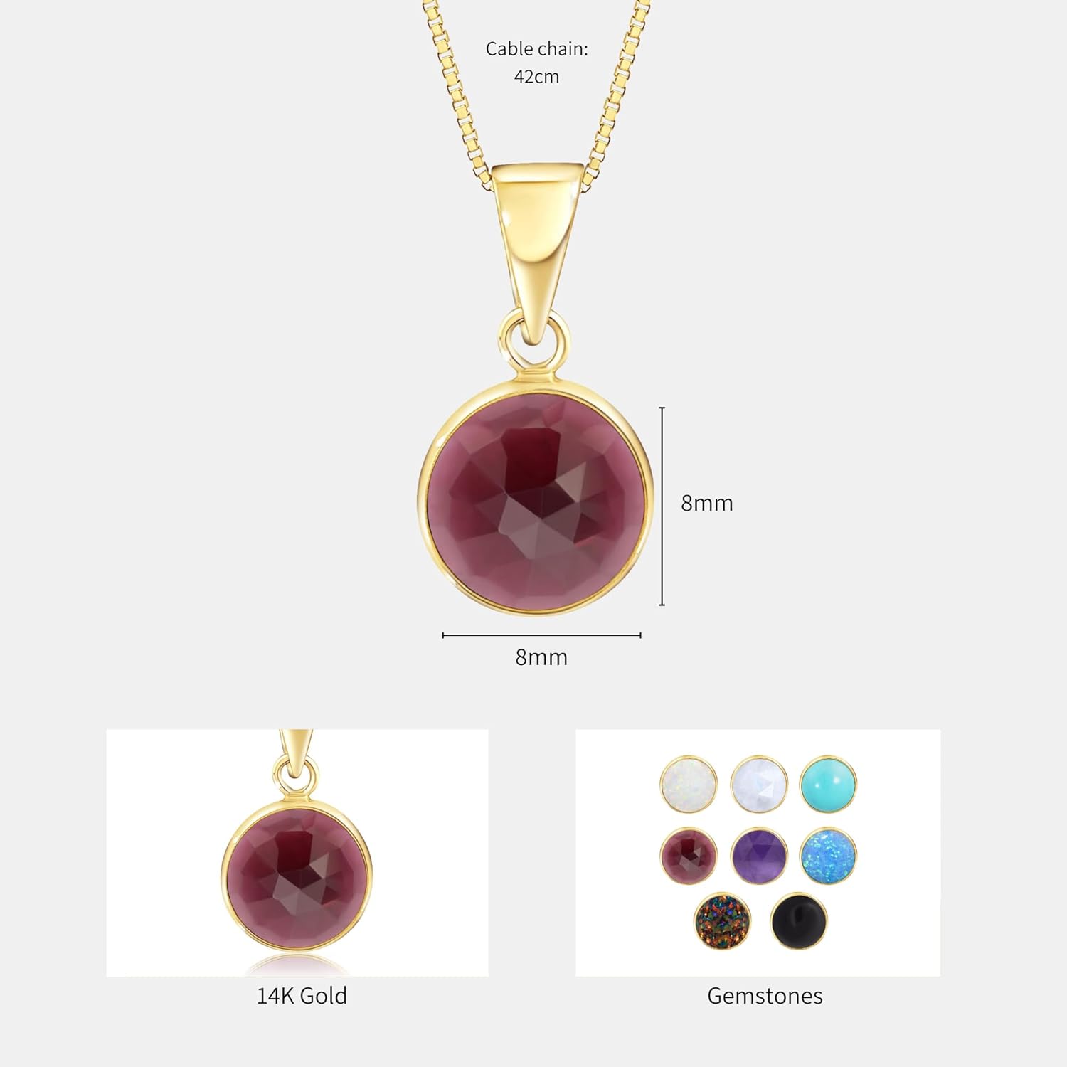 Garnet Gold Necklace for Women - 8mm Round Gemstone - 14K Gold Cable Chain 45cm - January Birthstone Necklace - Image 7