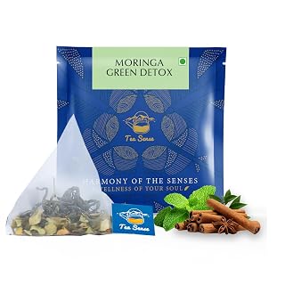 TEA SENSE Moringa Green Detox | 15 Pc | Pyramid Tea Bags in Sealed Pouches | Green Tea with Moringa, Spearmint & Cinnamon | Refreshing | Can be Rebrewed