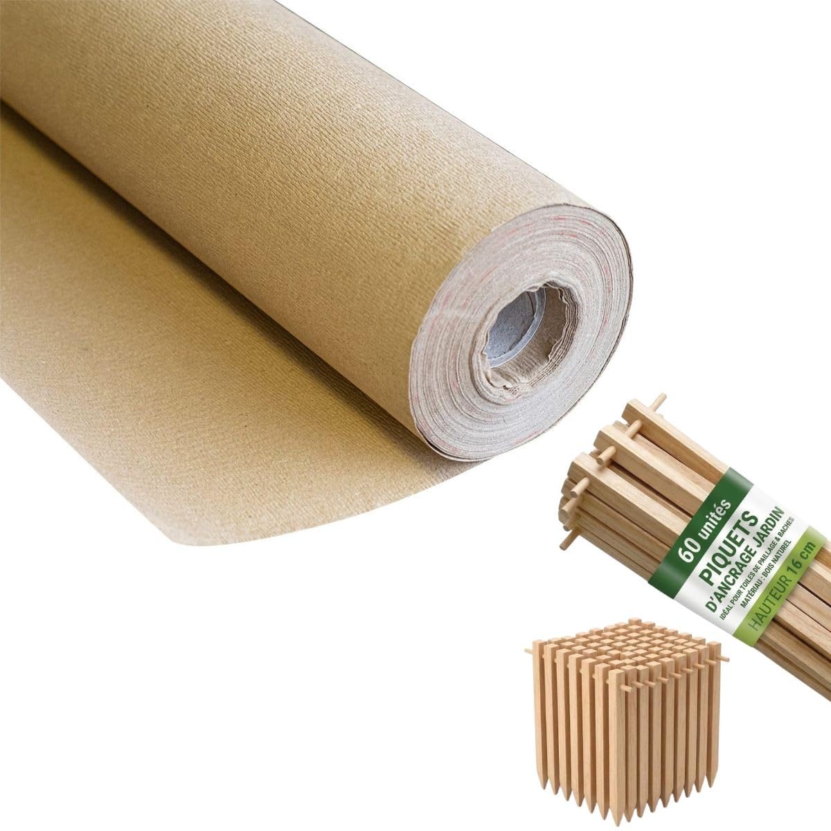 Kit de tela de acolchado de papel Kraft 0,9 x 20 m + 60 estacas de madera, fijación con pajillaje autodegradable, antimalezas jardín
