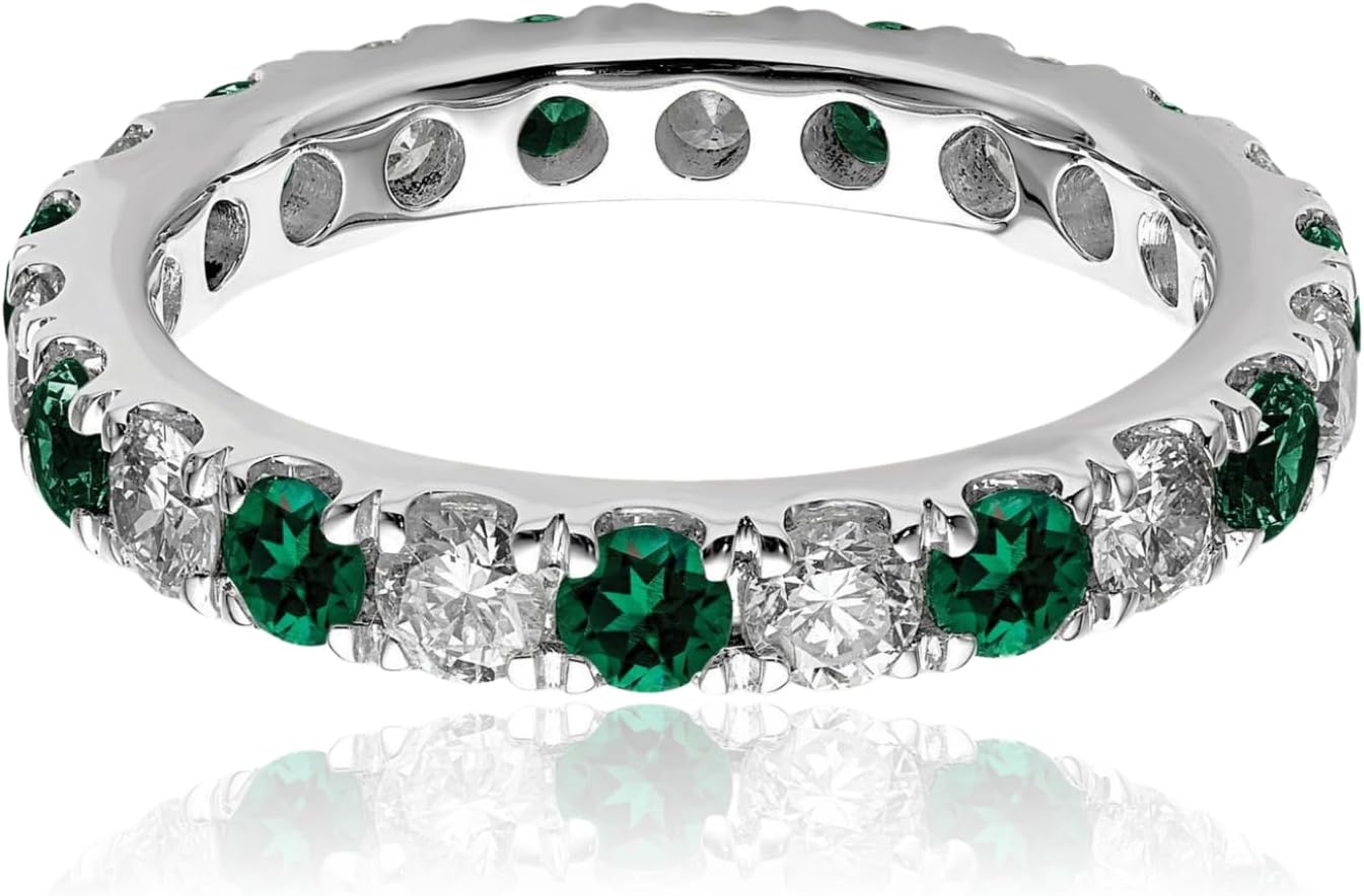 IceCarats 14K Solid White Gold 1.50 carat Lab Green Emerald Diamond Eternity Anniversary Ring 3.26mm Band Round Cut, Prong Set