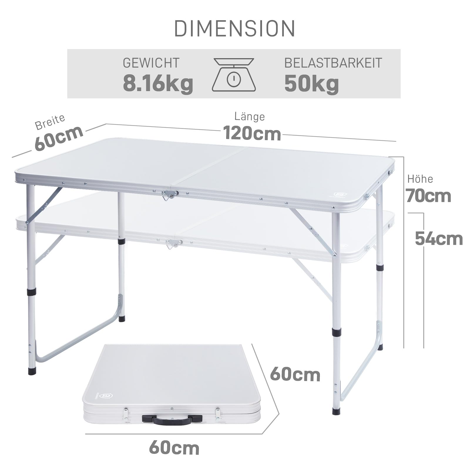 EVER ADVANCED Campingtisch Klappbar Alu Klapptisch 120 x 60cm Höhenverstellbar mit Stauraum 50KG Belastbar, Gartentisch für 4-6 Personen, Campingschrank Kleines Packmaß für Picknick Grillen Outdoor