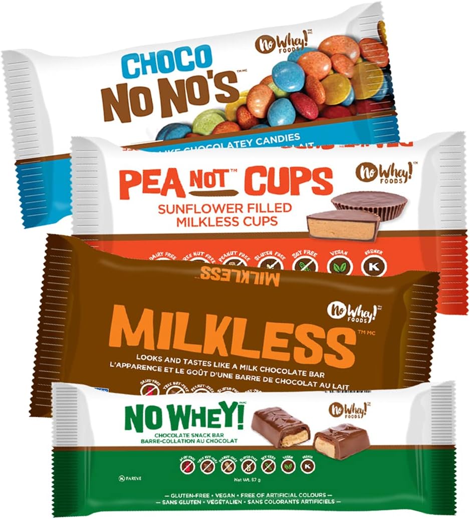 Vegan/Allergy Friendly Chocolate Candy Four Pack Sampler (Milkless bar, Choco No No's, Peanot Cups, No Whey Bar) | Dairy Free, Nut Free, Soy Free, Gluten Free | No Whey Foods