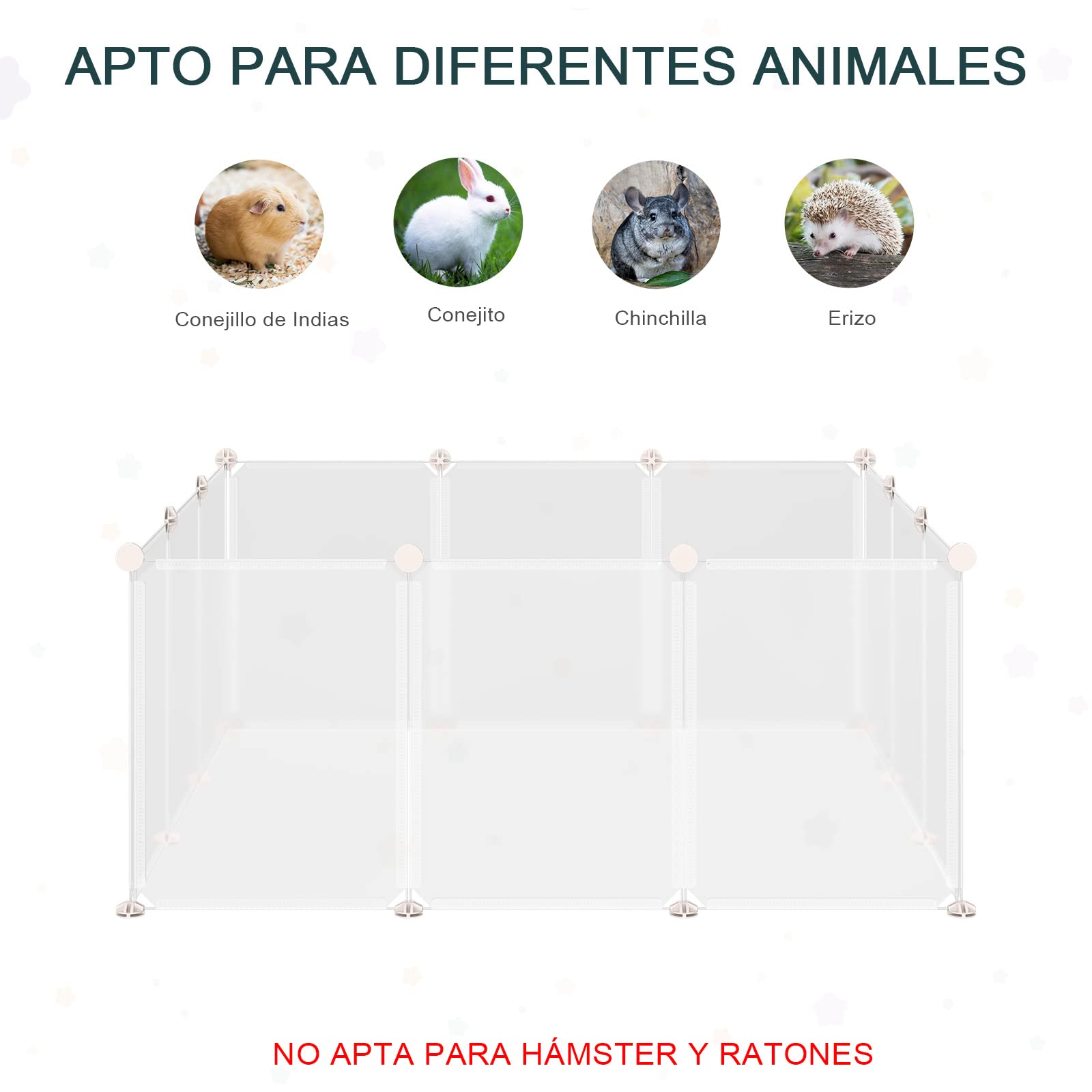 PawHut Valla para Mascotas, Jaula Modular, Recinto Interior de Plástico Transparente con 12 Paneles, 24 Conectores, para Cobayas, 105x105x45 cm, Blanco
