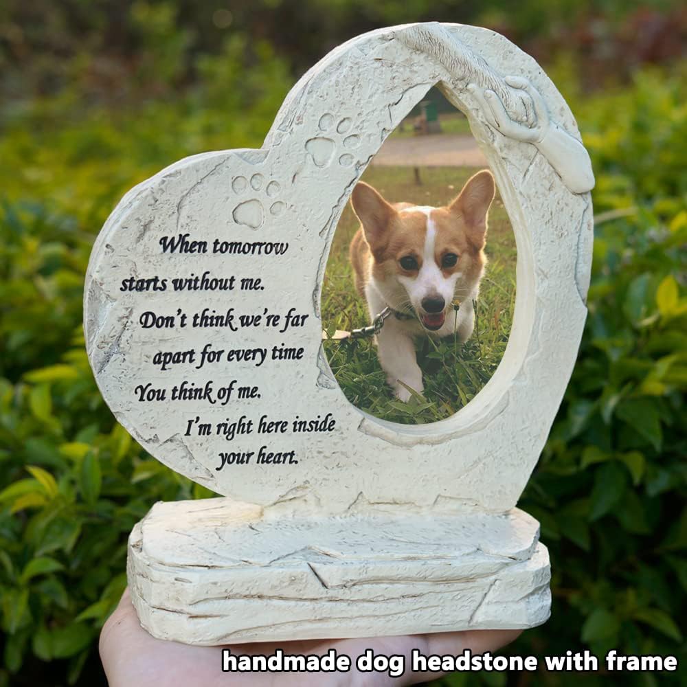jinhuoba Heart Shaped Pet Memorial Stones for Dogs, Pet Dog HeadStones Grave Stones with Photo Frame, Loss of Pet Dog Sympathy Gifts Memorial Gifts Passing Away Gifts Outdoor or Indoor - Image 3