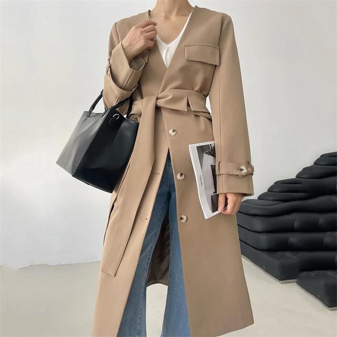 Women's Retro Removable Lapel Trench Coat Long-Sleeved Cardigan Straight Long Coat