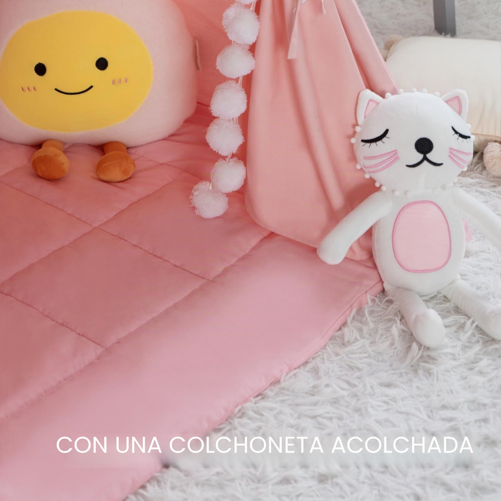WIRHAO Tienda de campaña tipi para niños con alfombrilla acolchada, lona de algodón, tienda de campaña para pequeños con pompones y luces de estrellas, bolsa de transporte