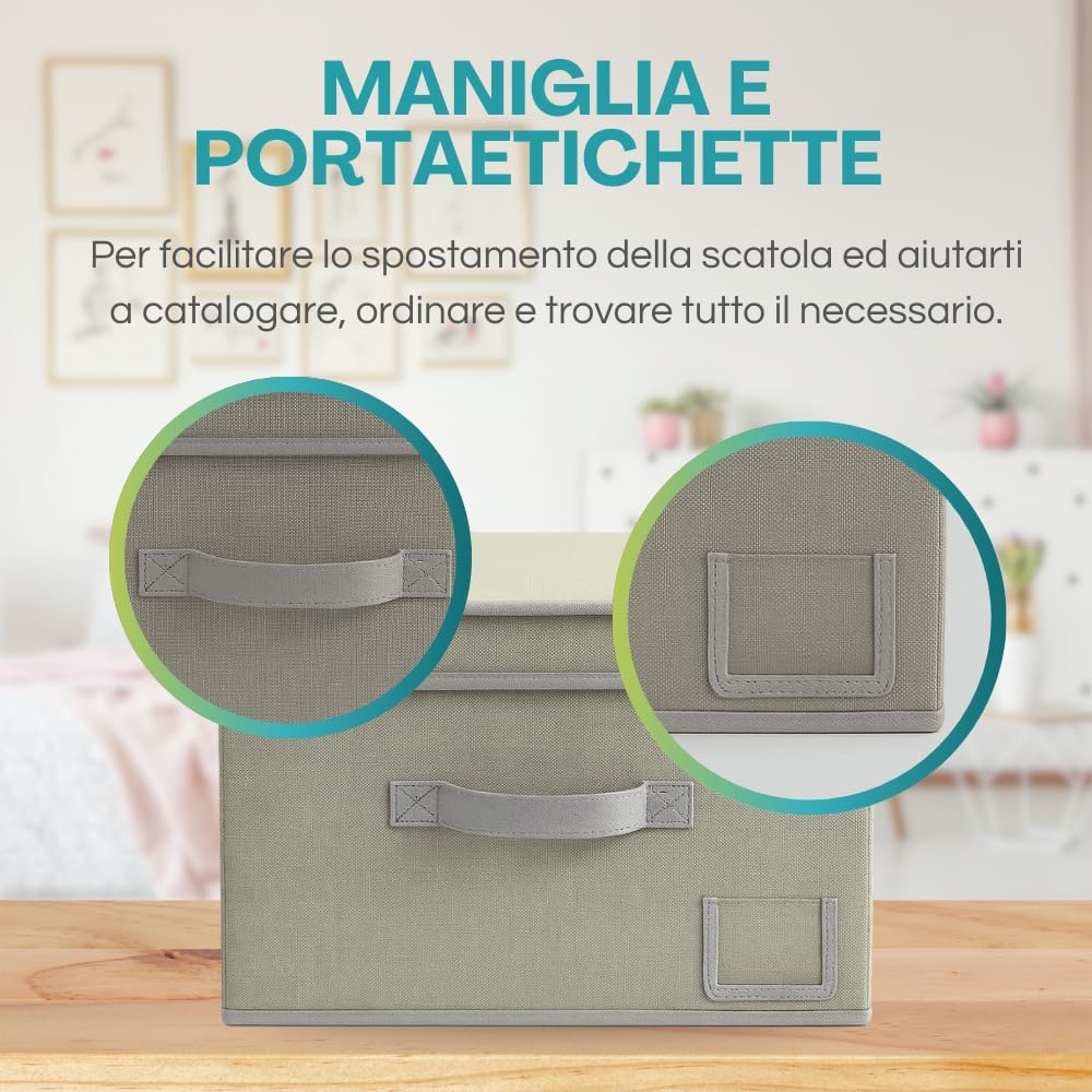 VIRSUS Set 3 Scatole Maxi Portaoggetti Pieghevole in tessuto con coperchio 6901, misura 50x40x25 cm, contenitore salvaspazio con maniglia e Portaetichetta, organizer per Armadio (Grigio)