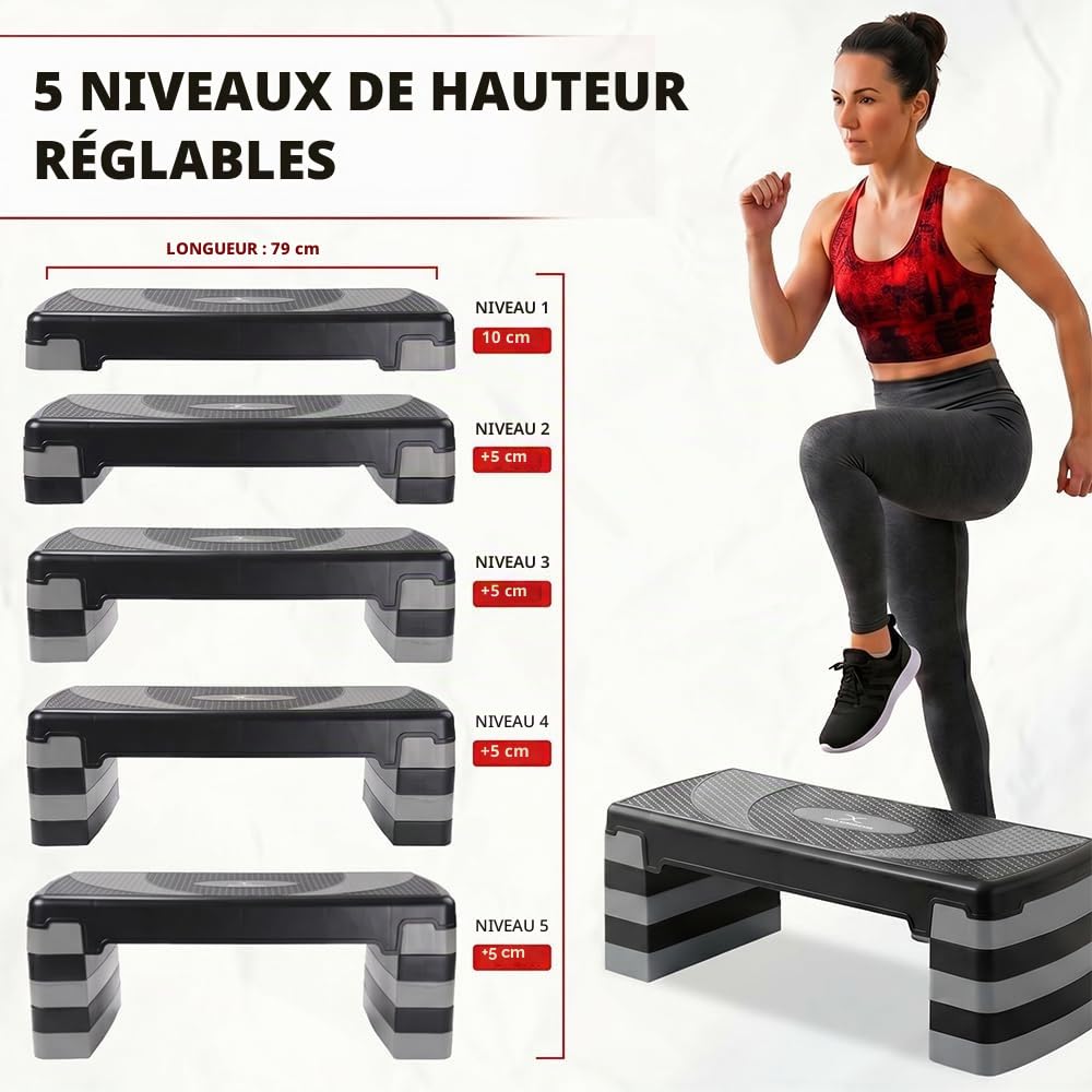 Stepper d'exercice aérobic avec 5 niveaux réglables (10/15/20/25/30 cm), cardio, poids, yoga, entraînement d'exercice, planche à pas, antidérapant pour maison/gym/bureau, routine, fitness,