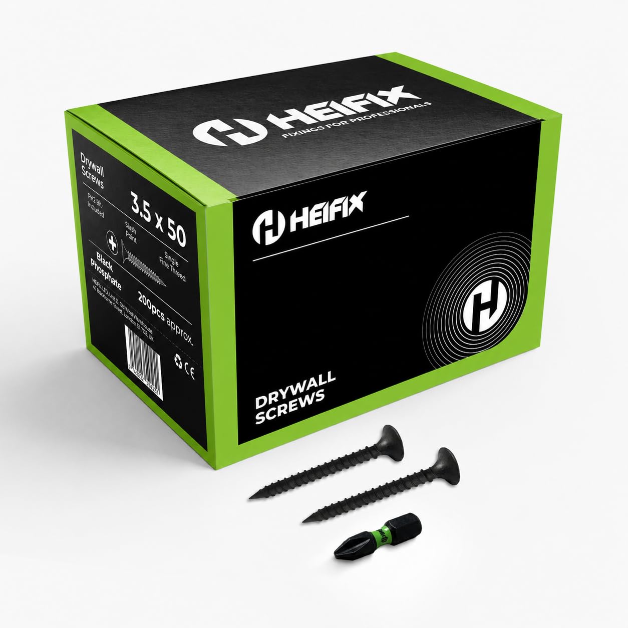 Heifix Drywall Plasterboard Screws - FREE PH2 Screw Bit Included - Black Phosphate Single Fine Thread (QTY 200, 3.5 x 50mm)