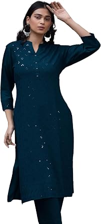 ladyline Womens Rayon Plain Tunic Top Chikankari Sequins Embroidered Indian Kurti Kurta