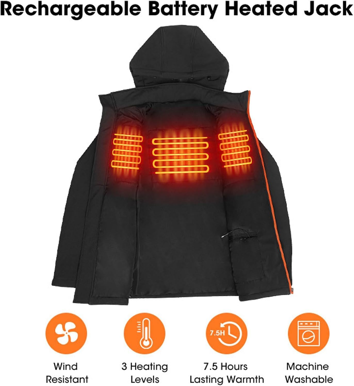 Kurtka męska z kapturem, podgrzewana, 3 strefy grzewcze, 3 regulowane temperatury, płaszcz typu softshell, zimowy, outdoorowy, bez baterii