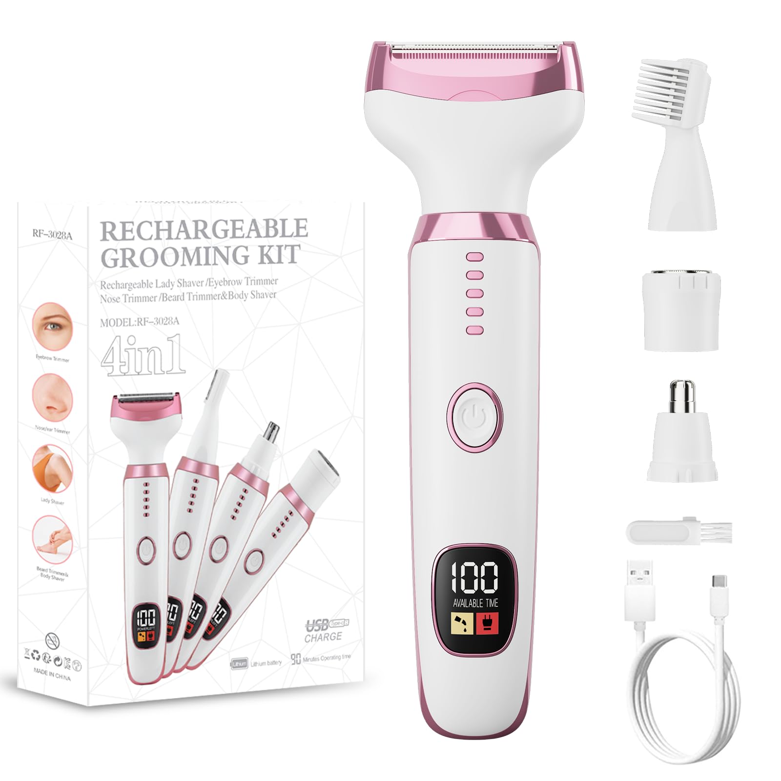Maquinilla de afeitar eléctrica para mujer, recortadora de bikini 4 en 1 y afeitadora corporal para nariz, vello, cara, cejas, brazos, piernas, axilas, axilas, zona púbica, recargable, húmedo/seco
