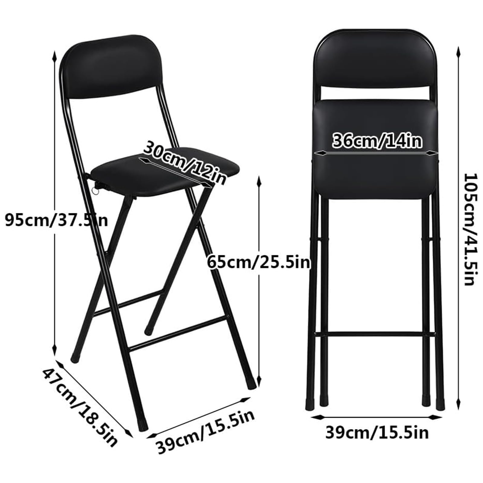 Taburete Plegable con Asiento Acolchado de 65 cm, Taburete Plegable de Bar 70cm, Taburete Plegable Portátil de Cocina con Reposapiés para cafetería, bistró, Oficina, Casa (65cm/26in,Negro)
