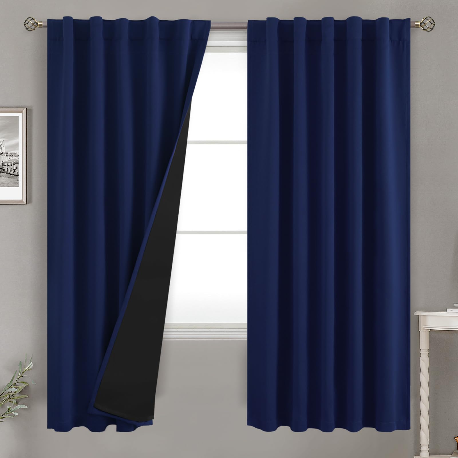 BGment Navy Blue 100% Blackout Curtains 72 Inches Long with Reducing Noise Liner, Rod Pocket and Back Tab Double Layer Full Room Darkening Window