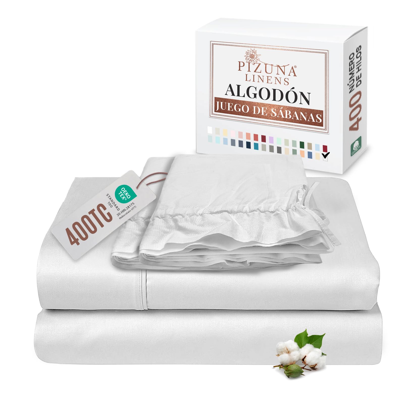 Pizuna Juego de sabanas 180x200 Blanco, Lujoso satén 100% algodón de Fibra Larga de 400 Hilos Juego de sabanas 180 cm con 1 Sabana encimera, 1 Sabana Bajera, 1 Funda Almohada cilindrica