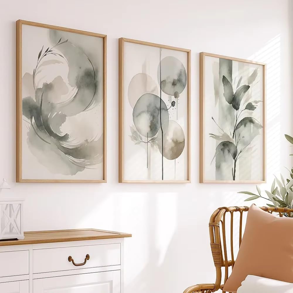 GOSRD Cuadro abstracto de plantas en acuarela sobre tela, estilo moderno minimalista para sala de estar (50x75cm - 3 piezas/marco interno)