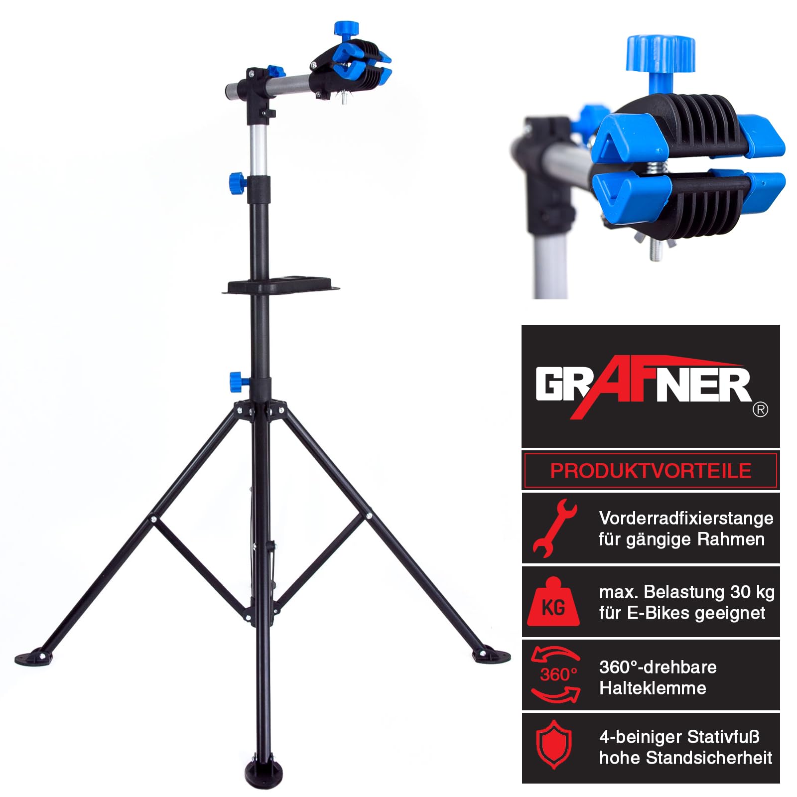 Grafner Montageständer Mountainbike, ausziehbar 105-190 cm, 30 kg belastbar, klappbar höhenverstellbar, Werkzeugablage, Schwerlast-Montageständer ausziehbar Reparaturständer Fahrrad Ebike