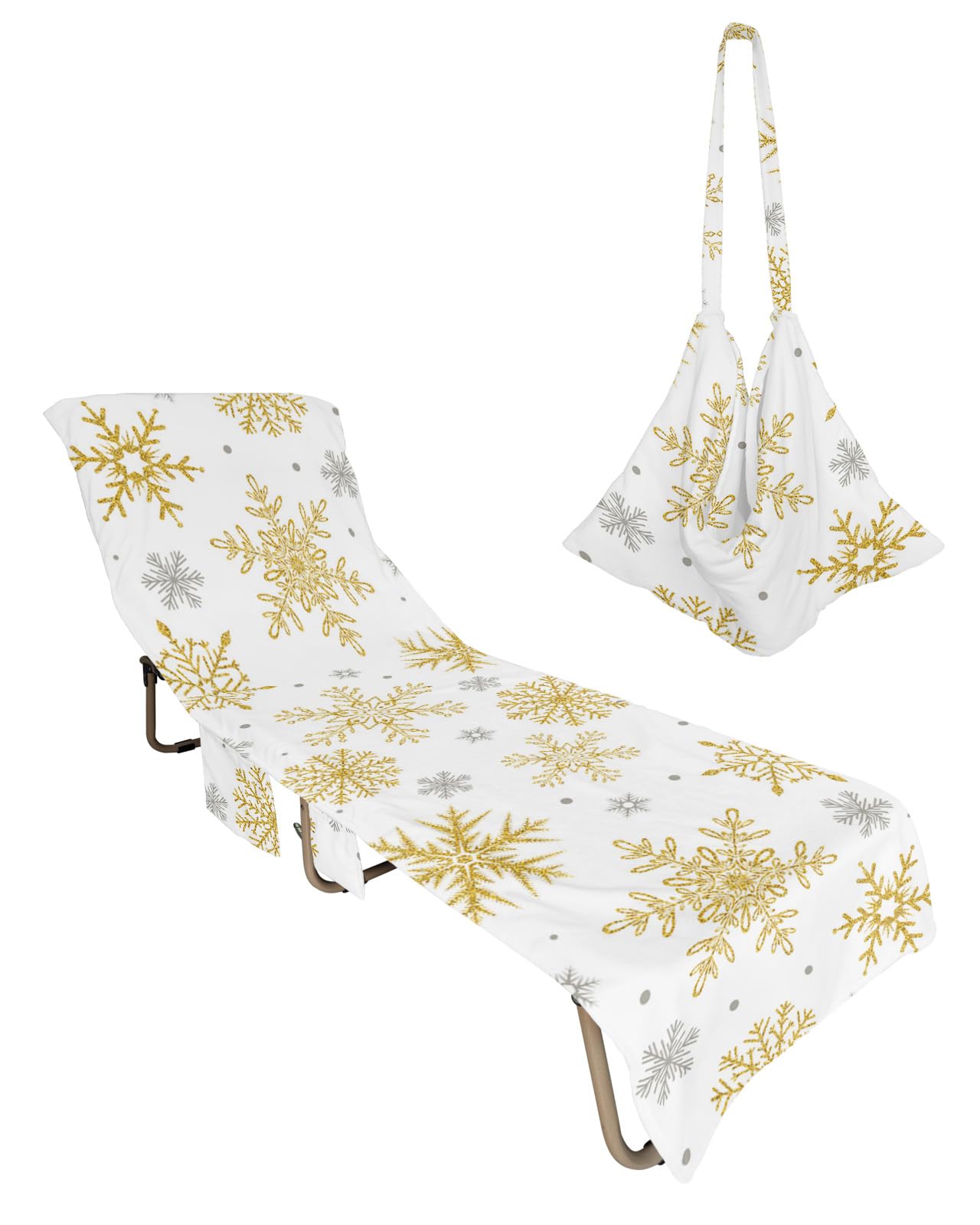 Xmas Gold Grey Snowflake, Beach Lounge Chair Towel Cover, Soft Chaise Lounge Towel with Side Pockets Patio Pool Chairs Cover for Beach/Pool Sunbathing 29x85 Merry Christmas Winter Holiday