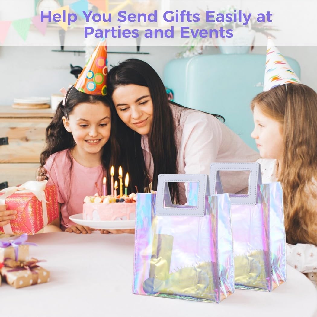 Lnrueg 20 Pcs Holographic Tote Bags, 7''x4''x8'' Clear PVC Tote Bags with Handles, clear holographic bag, Reusable Iridescent Gift Bag for Women Girl Wedding Party Shopping - Image 3