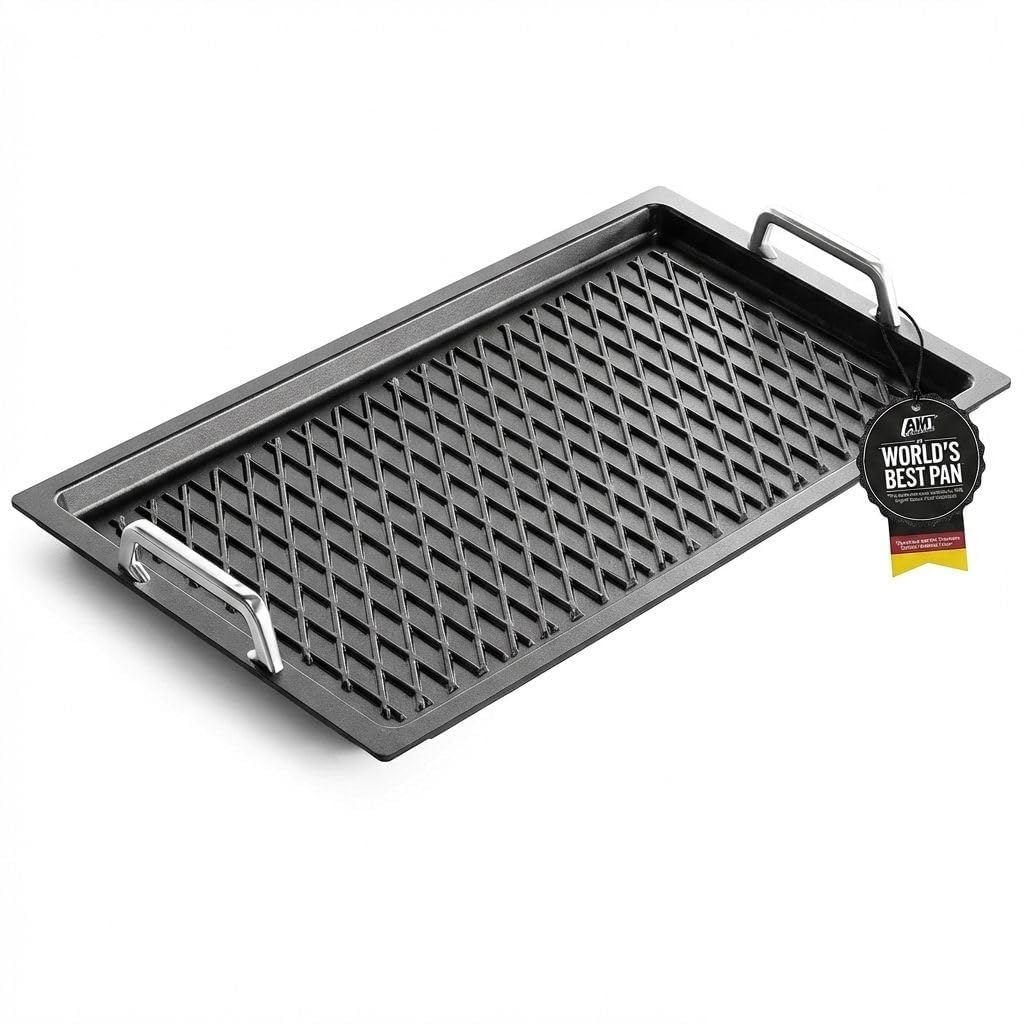 AMT Gastroguss The World's [.] Profesjonalna patelnia grillowa BBQ, 53 x 33 cm, głębokość 2 cm, uchwyty ze stali nierdzewnej, odlew aluminiowy, nieindukcyjna, powłoka nieprzywierająca Lotan®, AMZN