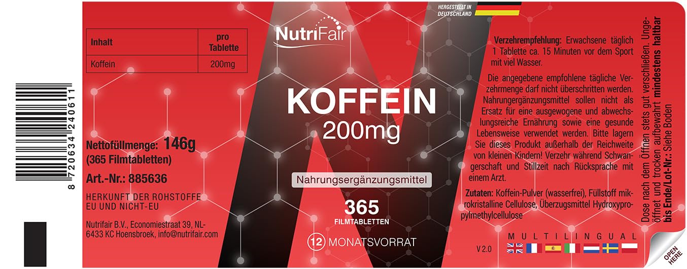 Comprimés de caféine 200mg, 365 comprimés, 200mg par comprimé, Haute dose, Faciles à avaler, 100% Vegans – fabrication allemande et tests en laboratoire, Premium et équitable