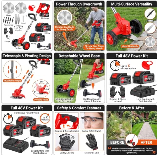 Image of 𝗞𝗢𝗦𝗠𝗘𝗥 48V Cordless Grass Trimmer with Wheels, Electric Brush Cutter, Adjustable 90 Head, 2 Rechargeable Batteries, Telescopic Handle, Multi-Blade Lawn Edger & Weed Cutter for Garden