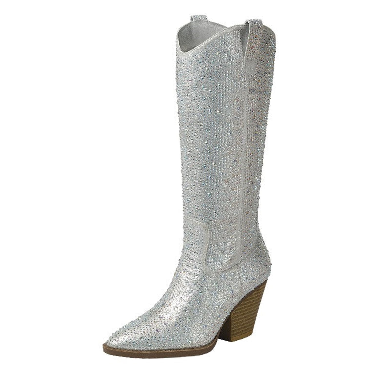 Forever Link Womens Pointed Toe Western Cowgirl Rhinestone Crystal Block Heel Mid Calf Boots