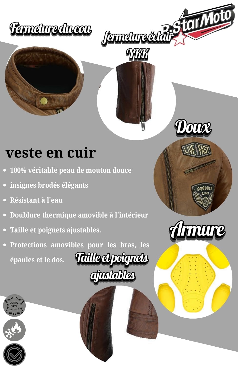 Veste de Moto En Cuir Pour Femme- Blouson Avec Protection Douce Cuir Et Vent Armure Corps été Hiver Tourisme Motard Blinde Marron
