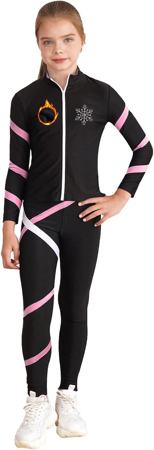 Kids Girls Figure Ice Skating Training Suit Fleece Lined Jacket with Practice Skating Leggings Set