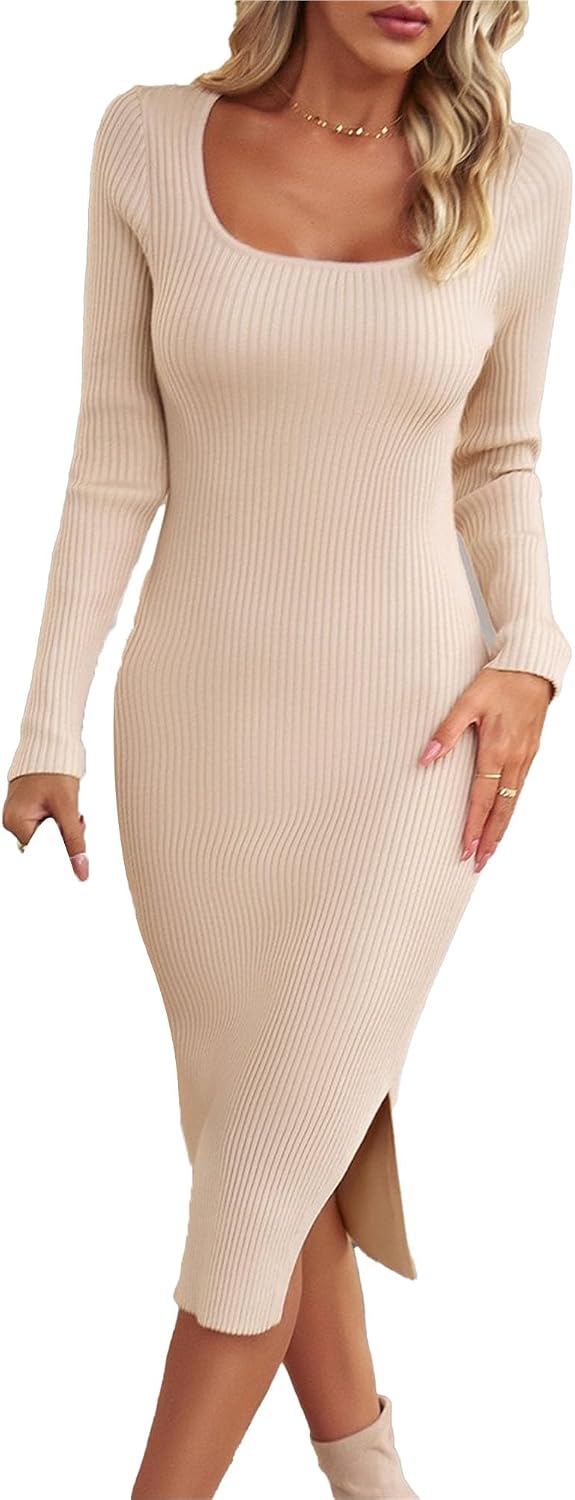 Generic Women's Square Neck Rib Knit Dress Elegant Split Midi Sweater Dresses Basic Long-Sleeve Stretch Bodycon Casual Dress